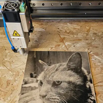 Laser gravíruje fotku kočky na dřevěné desce.