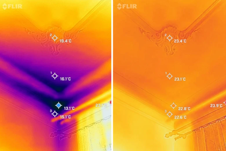 Termokamera ukazuje teploty stěn před a po vnitřním zateplení bytu.