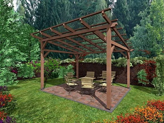 Pergola s dlažbou na zahradě se židlemi