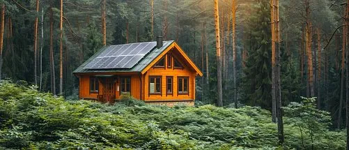 Dřevěný domek s fotovoltaickými panely na střeše v lese