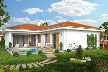 Modern bílý bungalov tvaru L s bazénem na pozadí zelené zahrady.