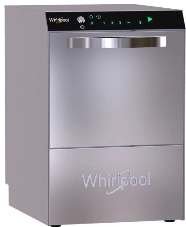 Nerezová vestavná myčka nádobí značky Whirlpool.