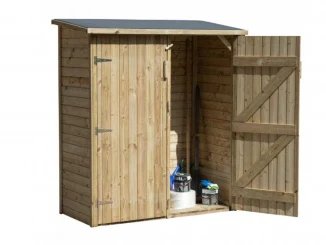Wooden garden shed with bins inside