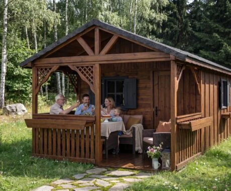 Rodina sedí na verandě dřevěného domu s přístavbou.