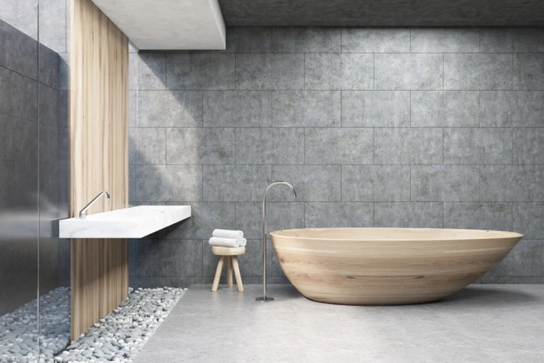 Modern bathroom interior with gray walls and wood accents