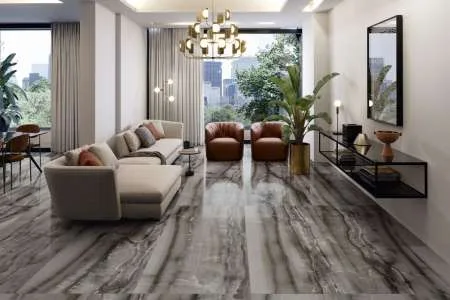 Moderní interiér s dlažbou imitující mramor na podlaze.