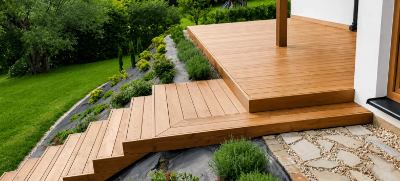 Elevated wooden deck with stairs