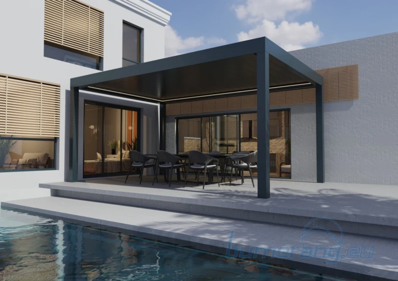 Moderní tmavá pergola s jídelním setem u bazénu.