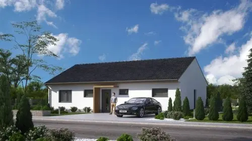 Moderní bílý bungalov s tmavou střechou před modrou oblohou.