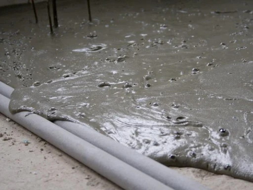 Čerstvý beton se rozlévá po povrchu u dvou trubek.