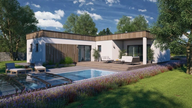 Moderní bungalov do tvaru L s bazénem na pozadí zelené zahrady.