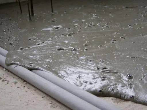 Lehčený beton se nalévá na podlahu s viditelnými bublinami vzduchu.