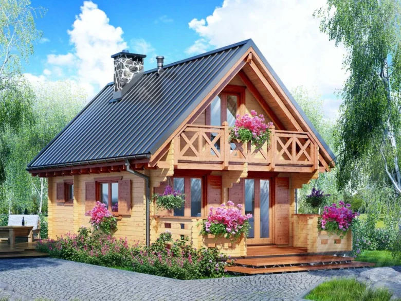 Dřevěná chata s kvetoucími rostlinami na pozadí modrého nebe.