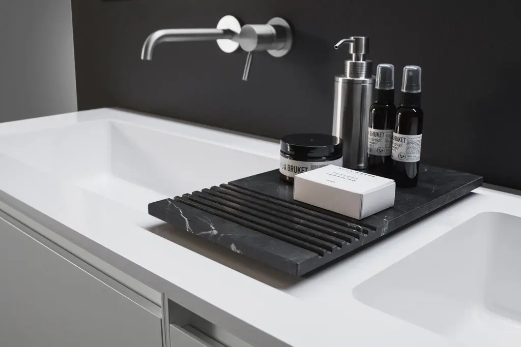 Marble bathroom tray with toiletries