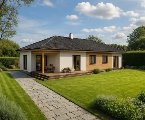 Moderní dřevostavba bungalov s terasou na pozadí zelené trávy.